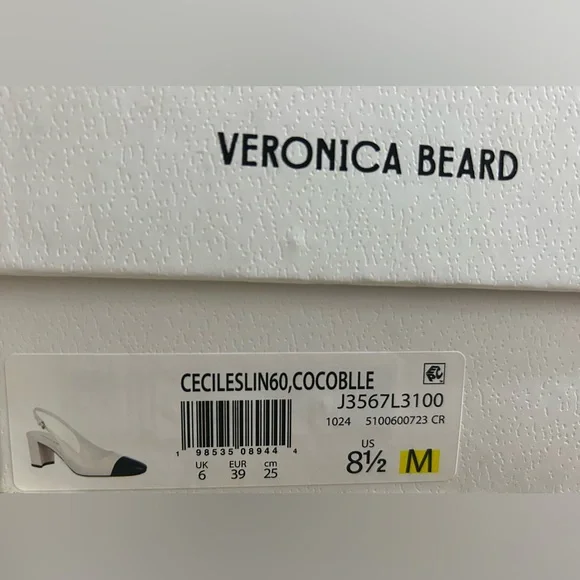 Veronica Beard Cecile Slingback 60 Ivory Croc Black Cap Toe Heels 8.5 New In Box - Picture 11 of 12
